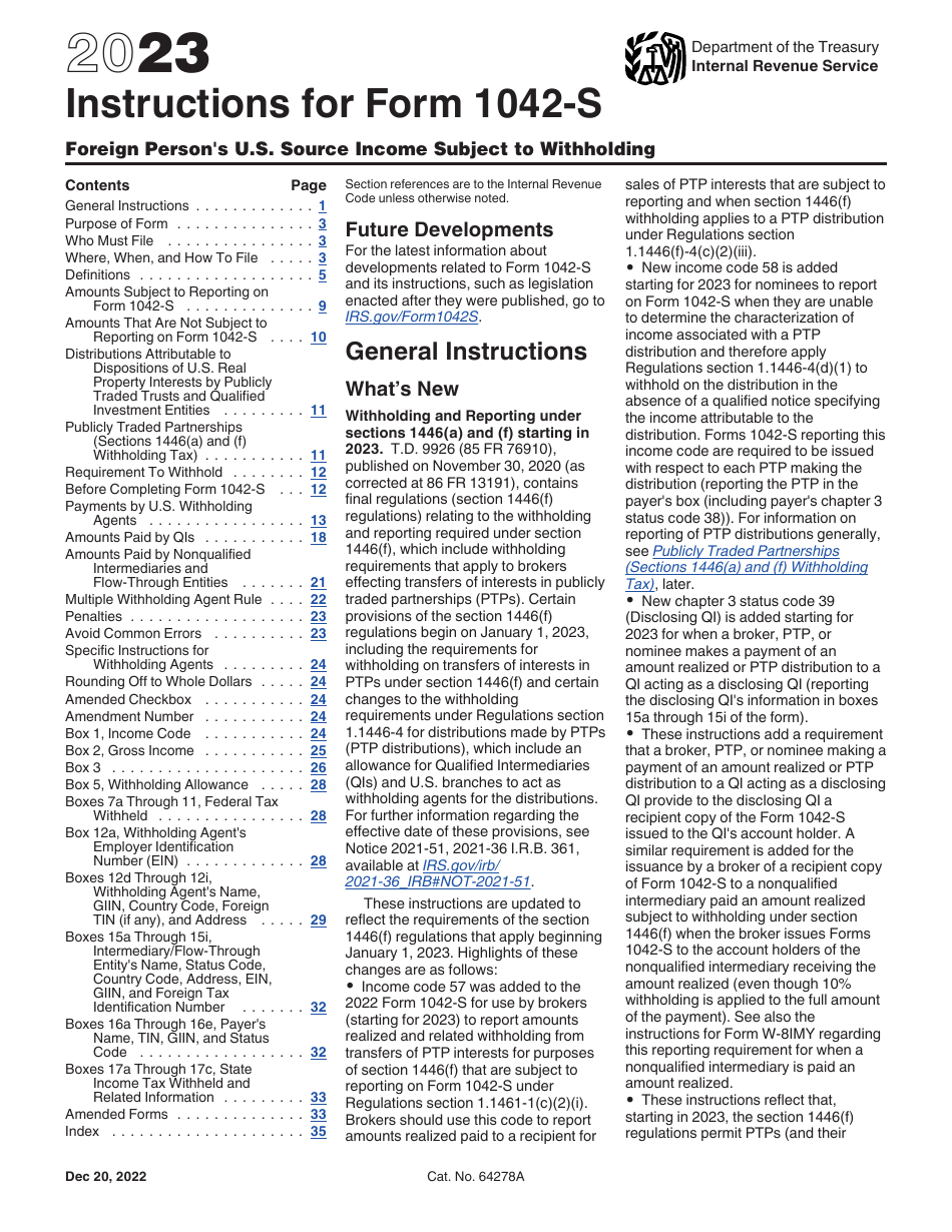 Download Instructions For Irs Form 1042 S Foreign Persons Us Source Income Subject To 6263