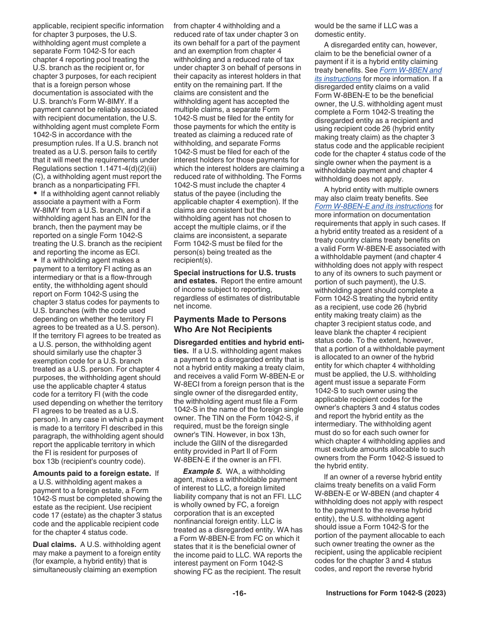 Instructions for IRS Form 1042-S Foreign Persons U.S. Source Income Subject to Withholding, Page 16
