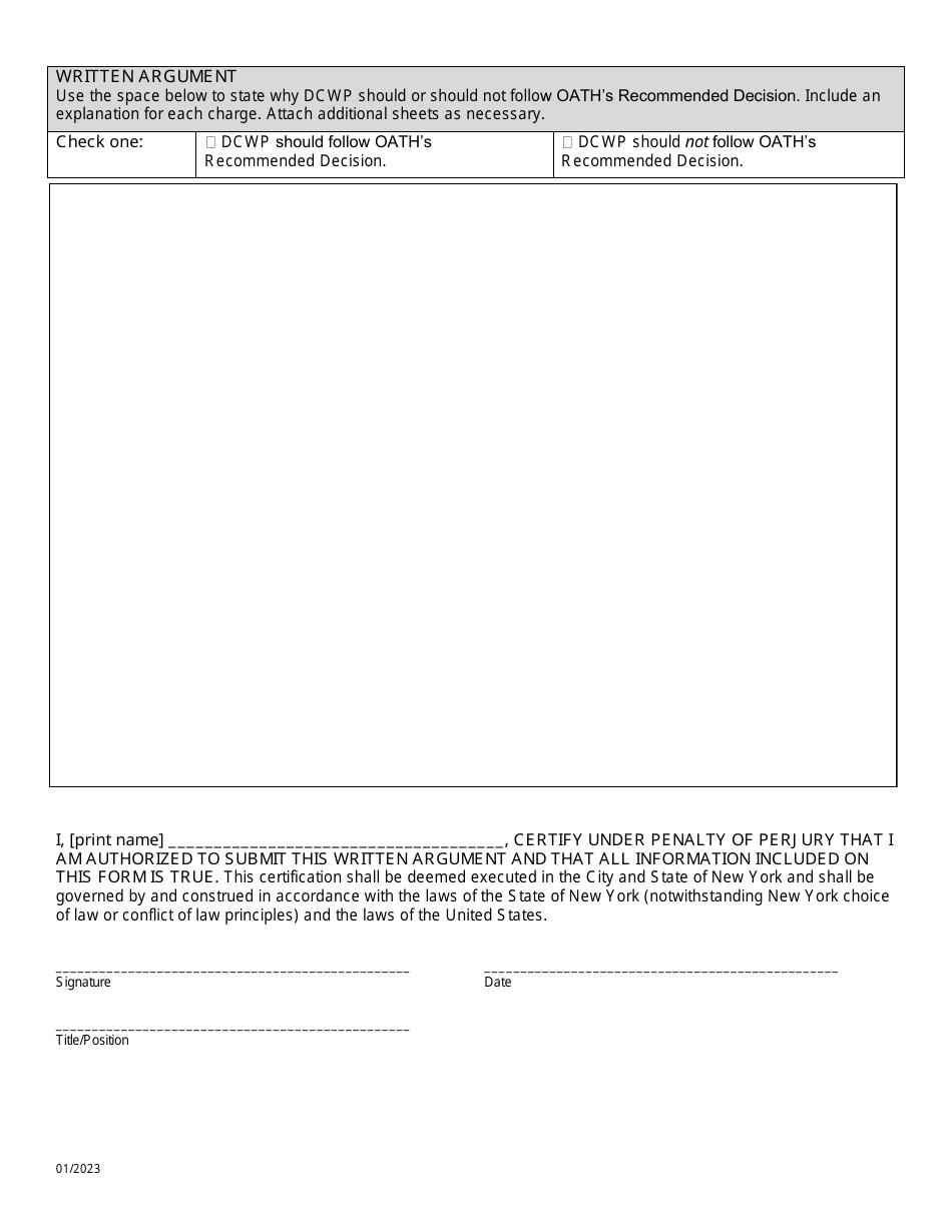 Written Argument Form - Recommended Decision - New York City, Page 2