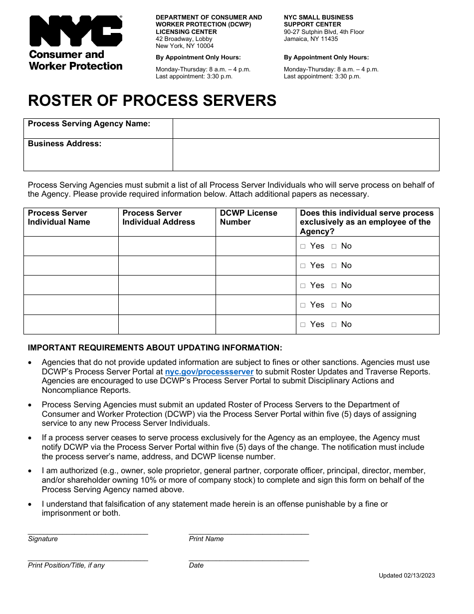 Roster of Process Servers - New York City, Page 1