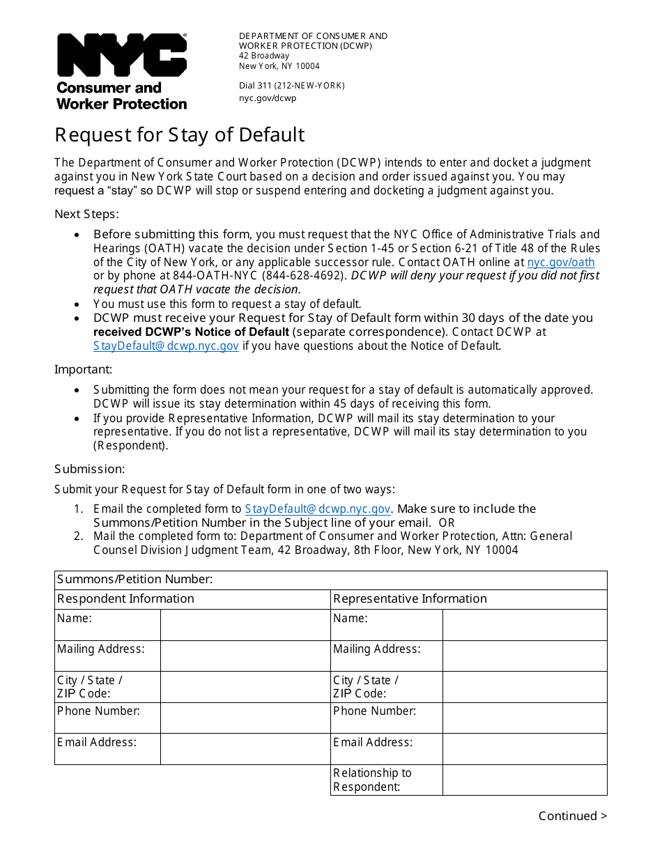 Request for Stay of Default - New York City, Page 1