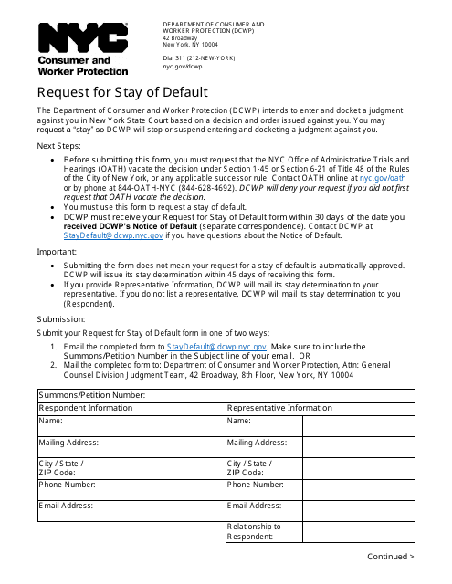 Request for Stay of Default - New York City Download Pdf