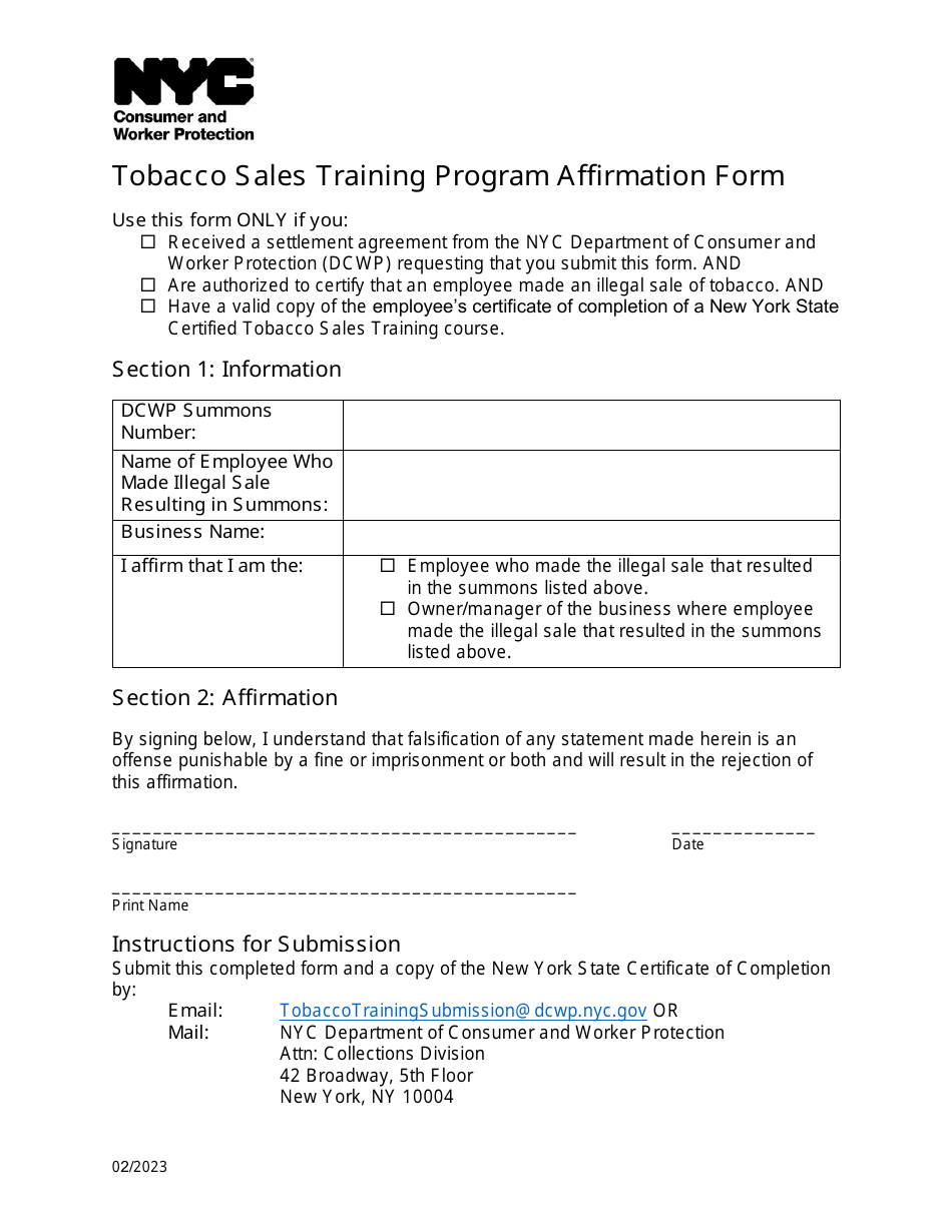 Tobacco Sales Training Program Affirmation Form - New York City, Page 1