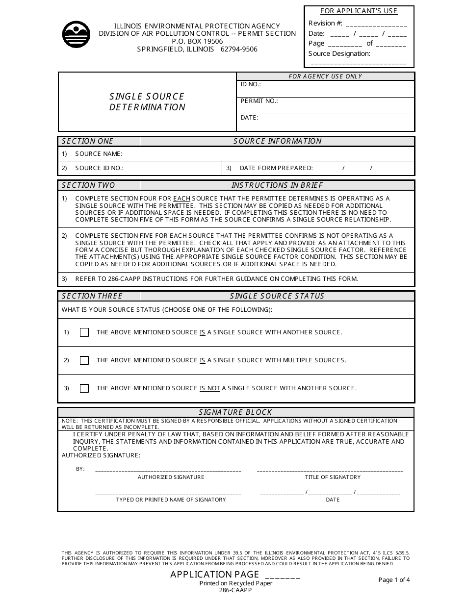 Form 286-CAAPP Single Source Determination - Illinois, Page 1