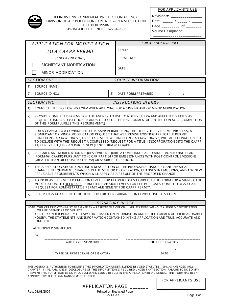 Form 271-CAAPP Application for Modification to a Caapp Permit - Illinois, Page 1