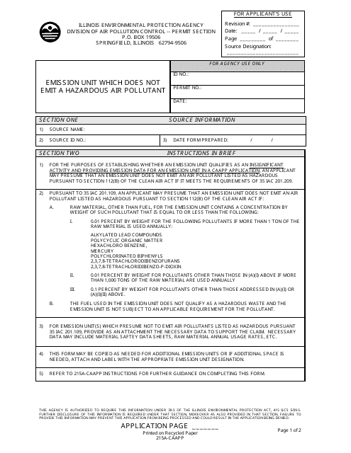 Form 215A-CAAPP Emission Unit Which Does Not Emit a Hazardous Air Pollutant - Illinois