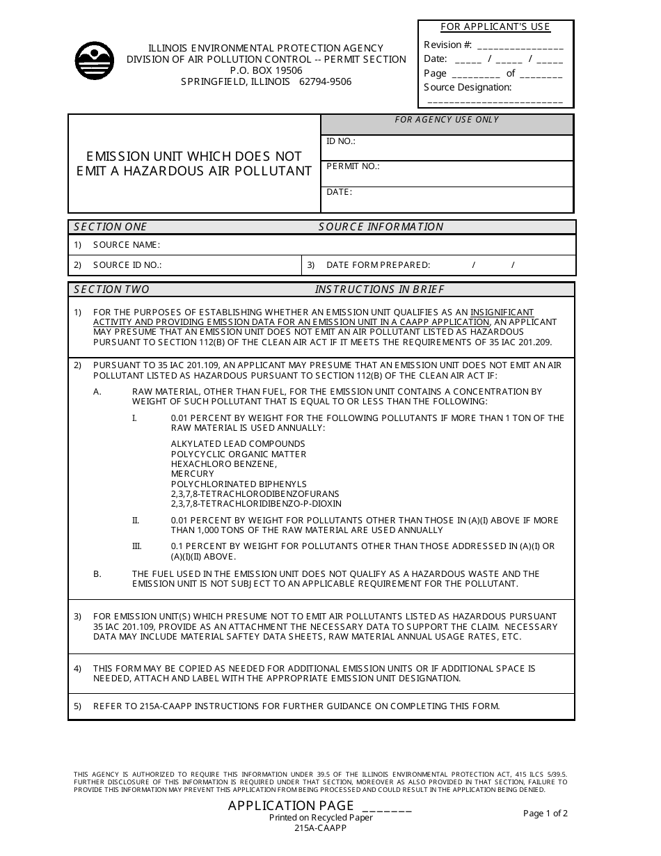 Form 215A-CAAPP Emission Unit Which Does Not Emit a Hazardous Air Pollutant - Illinois, Page 1