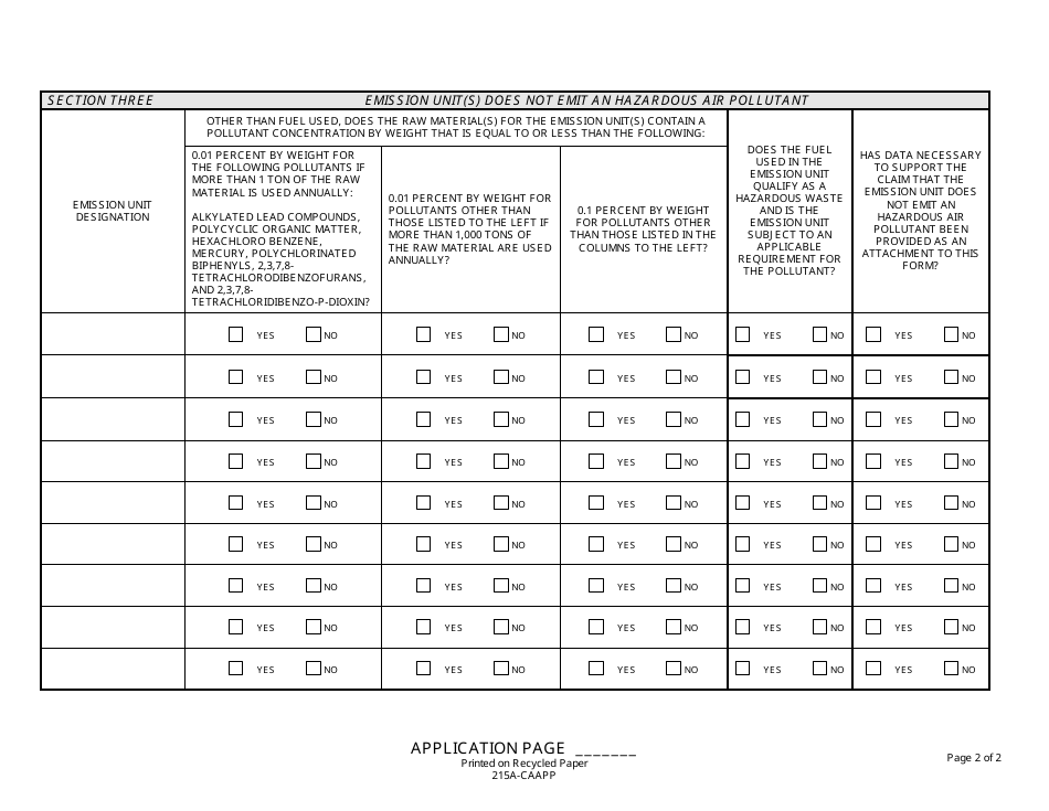 Form 215A-CAAPP Emission Unit Which Does Not Emit a Hazardous Air Pollutant - Illinois, Page 2