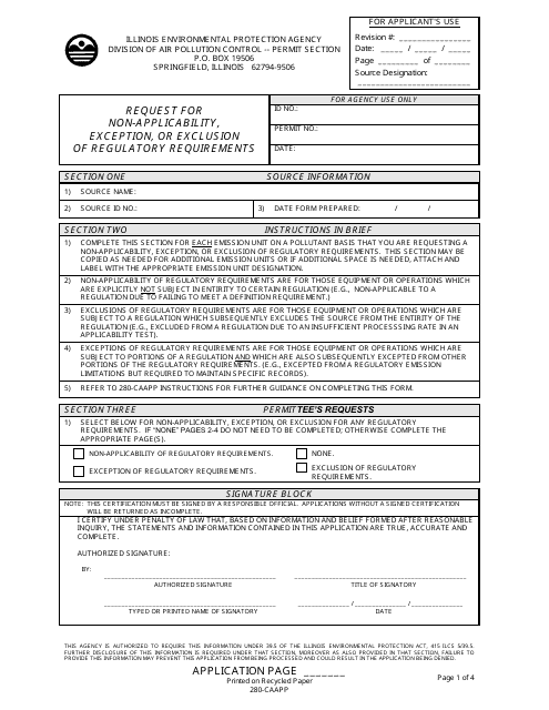 Form 280-CAAPP Request for Non-applicability, Exception, or Exclusion of Regulatory Requirements - Illinois
