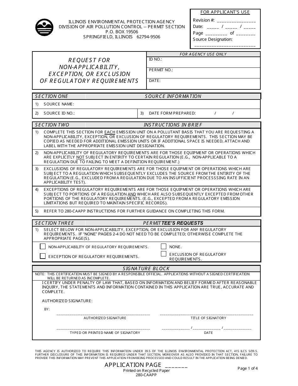 Form 280-CAAPP Request for Non-applicability, Exception, or Exclusion of Regulatory Requirements - Illinois, Page 1