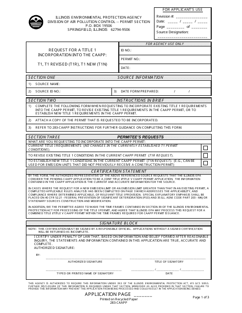 Form 283-CAAPP Request for a Title 1 Incorporation Into the Caapp: T1, T1 Revised (T1r), T1 New (T1n) - Illinois