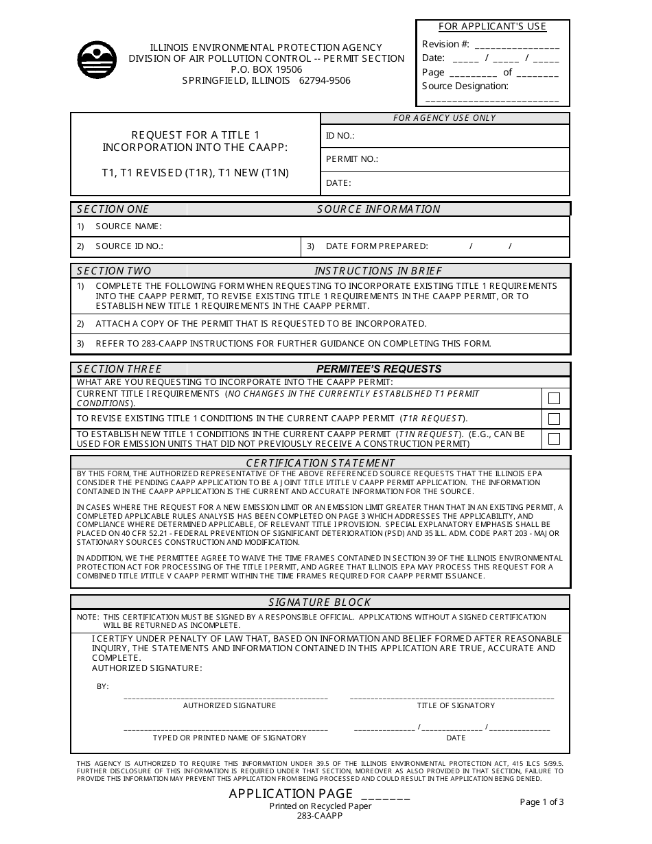 Form 283-CAAPP Request for a Title 1 Incorporation Into the Caapp: T1, T1 Revised (T1r), T1 New (T1n) - Illinois, Page 1