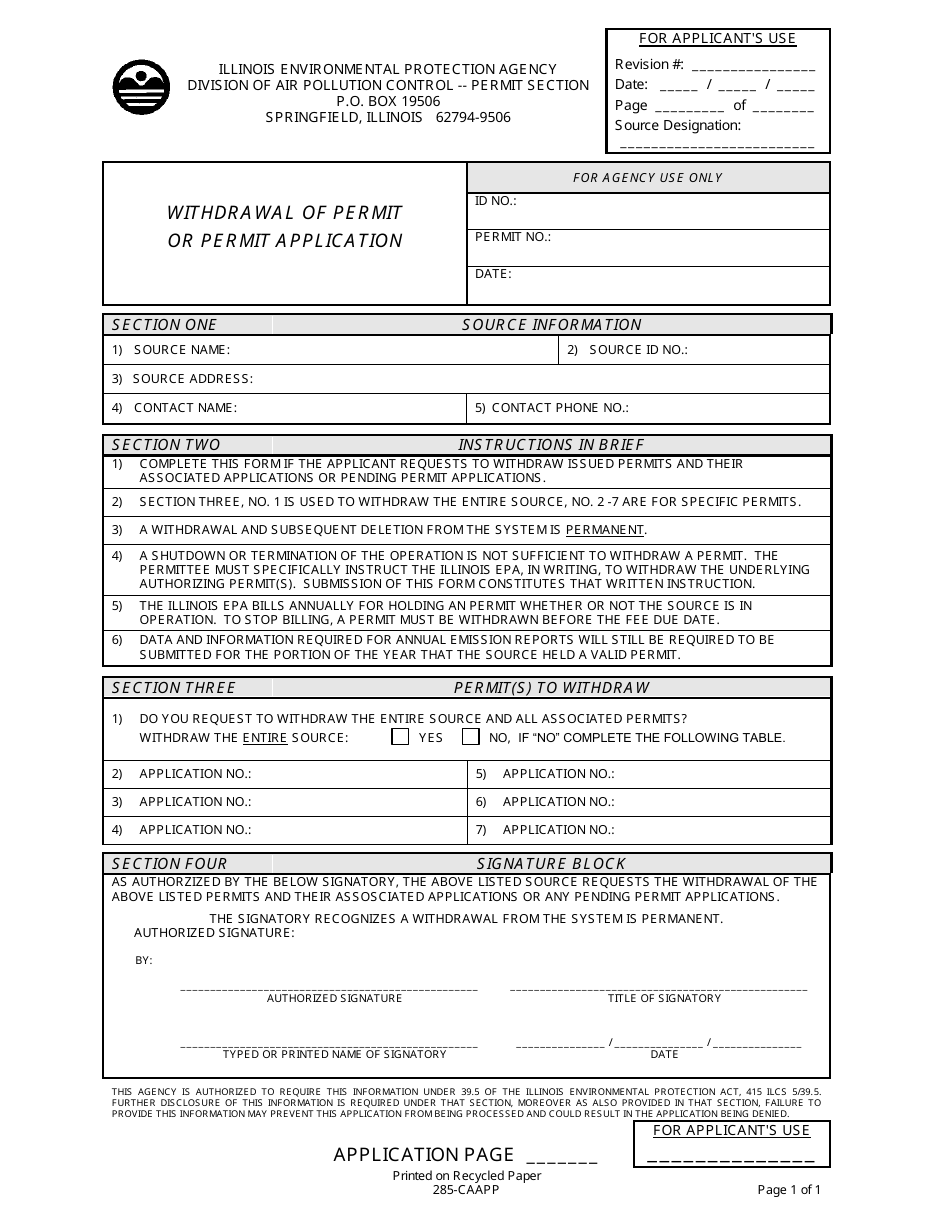Form 285-CAAPP Withdrawal of Permit Id or Permit Application - Illinois, Page 1