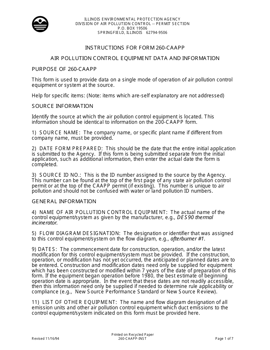 Instructions for Form 260-CAAPP Air Pollution Control Equipment Data and Information - Illinois, Page 1