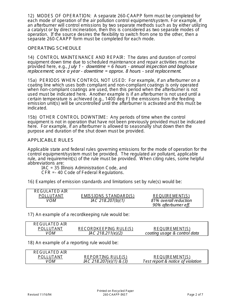 Instructions for Form 260-CAAPP Air Pollution Control Equipment Data and Information - Illinois, Page 2
