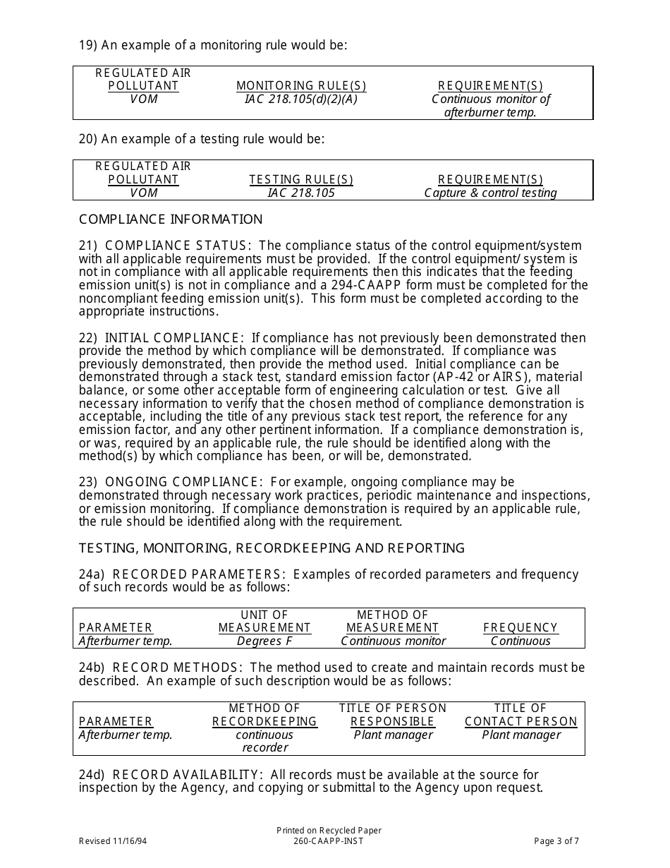 Instructions for Form 260-CAAPP Air Pollution Control Equipment Data and Information - Illinois, Page 3