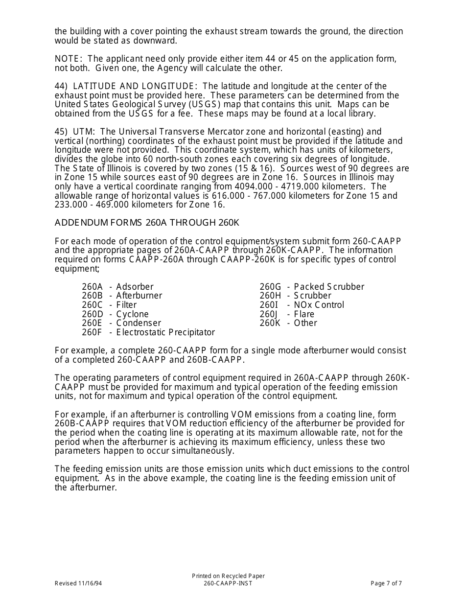 Instructions for Form 260-CAAPP Air Pollution Control Equipment Data and Information - Illinois, Page 7