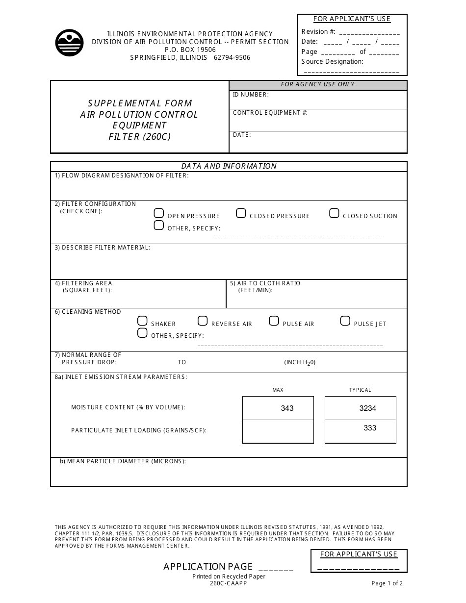 Form 260C-CAAPP Supplemental Form - Air Pollution Control Equipment Filter (260c) - Illinois, Page 1