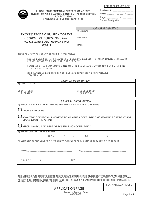 Form 405-CAAPP Excess Emissions, Monitoring Equipment Downtime, and Miscellaneous Reporting Form - Illinois
