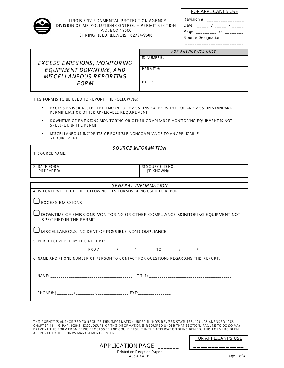 Form 405-CAAPP Excess Emissions, Monitoring Equipment Downtime, and Miscellaneous Reporting Form - Illinois, Page 1