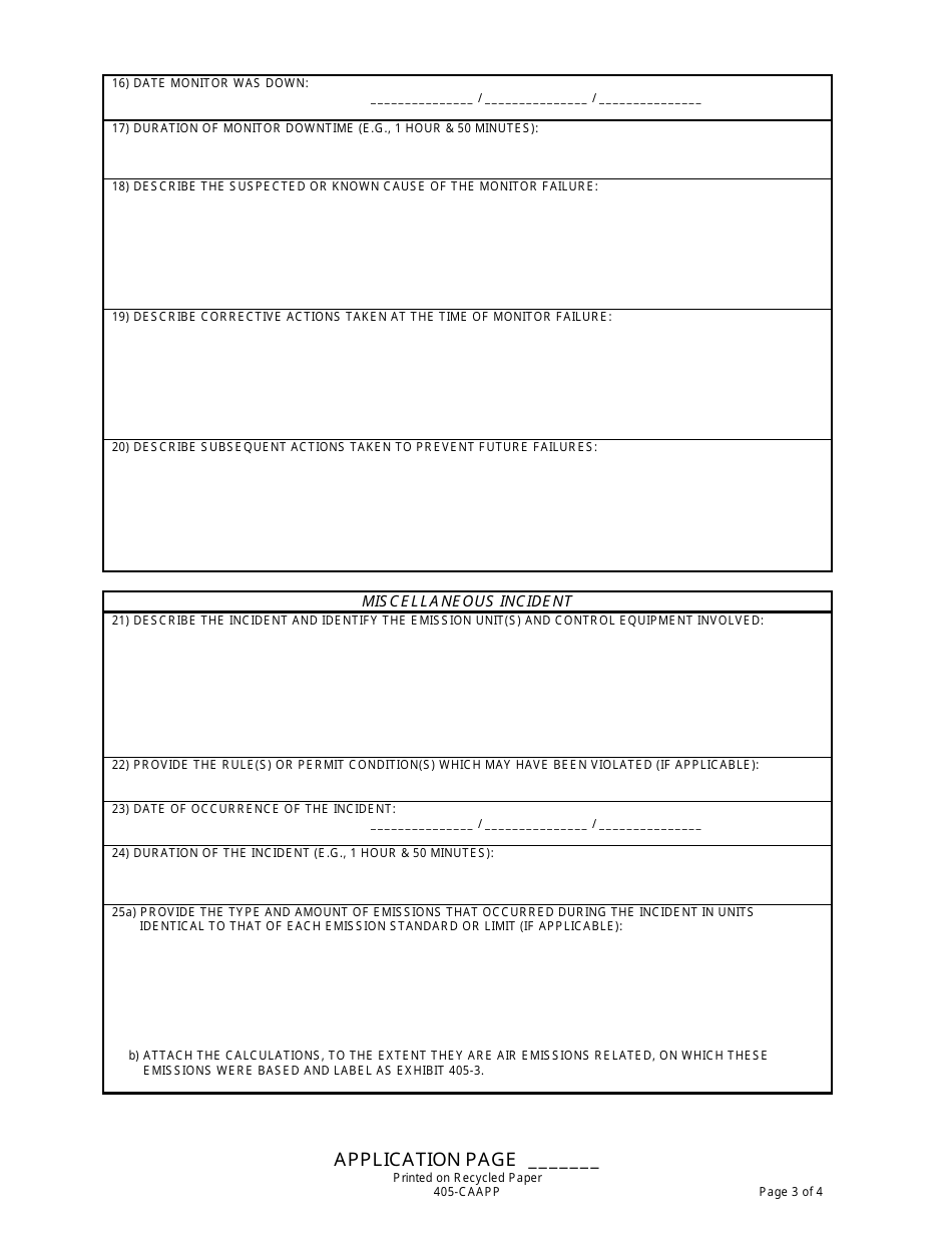 Form 405-CAAPP Excess Emissions, Monitoring Equipment Downtime, and Miscellaneous Reporting Form - Illinois, Page 3