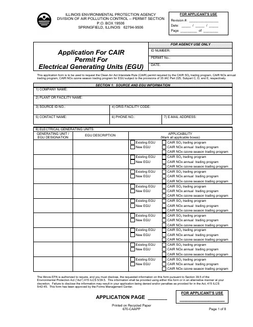 Form 670-CAAPP Application for Cair Permit for Electrical Generating Units (Egu) - Illinois