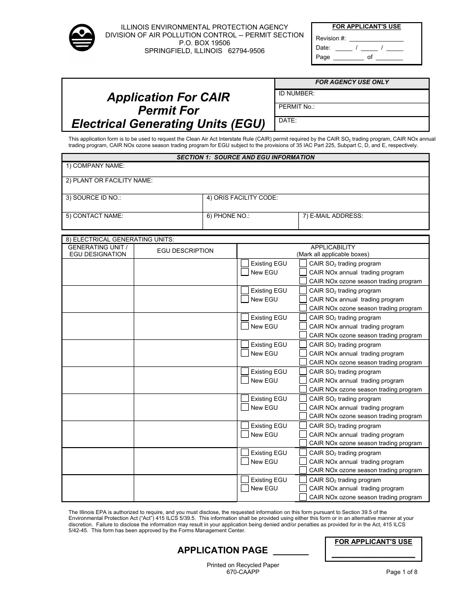 Form 670-CAAPP Application for Cair Permit for Electrical Generating Units (Egu) - Illinois, Page 1