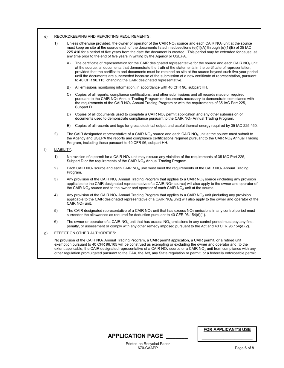 Form 670-CAAPP Application for Cair Permit for Electrical Generating Units (Egu) - Illinois, Page 6