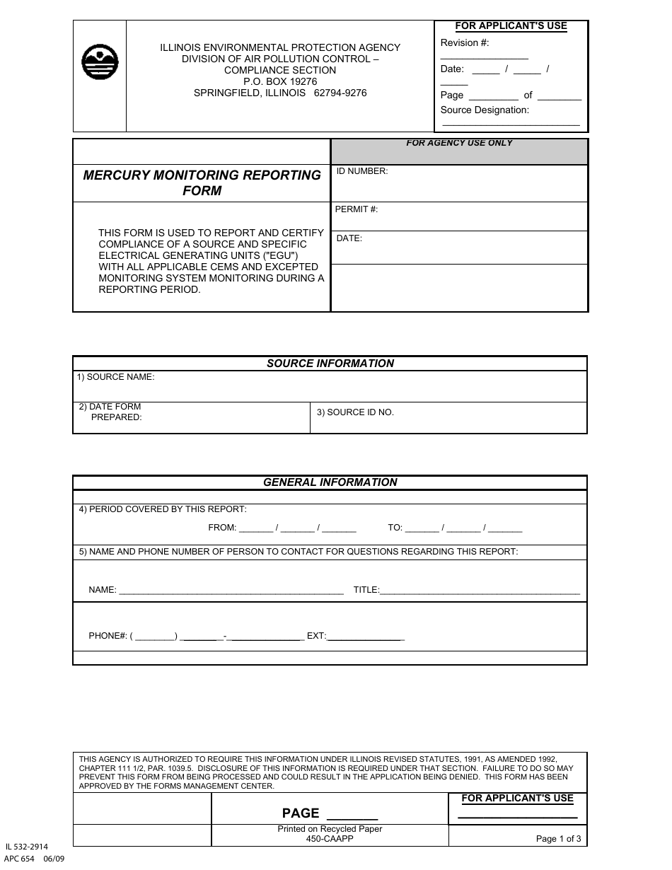 Form 450-CAAPP (IL532-2914) Mercury Monitoring Reporting Form - Illinois, Page 1