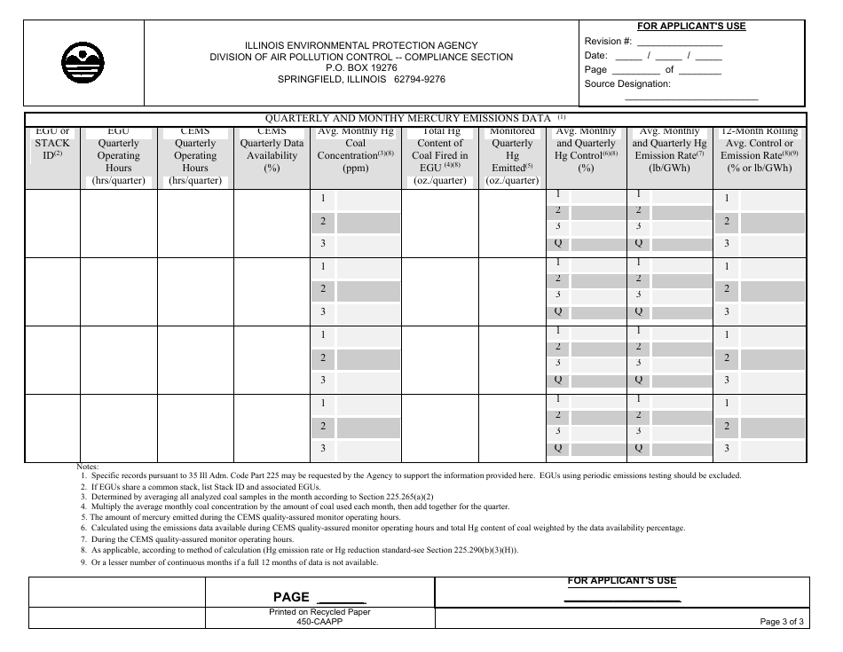 Form 450-CAAPP (IL532-2914) Mercury Monitoring Reporting Form - Illinois, Page 3