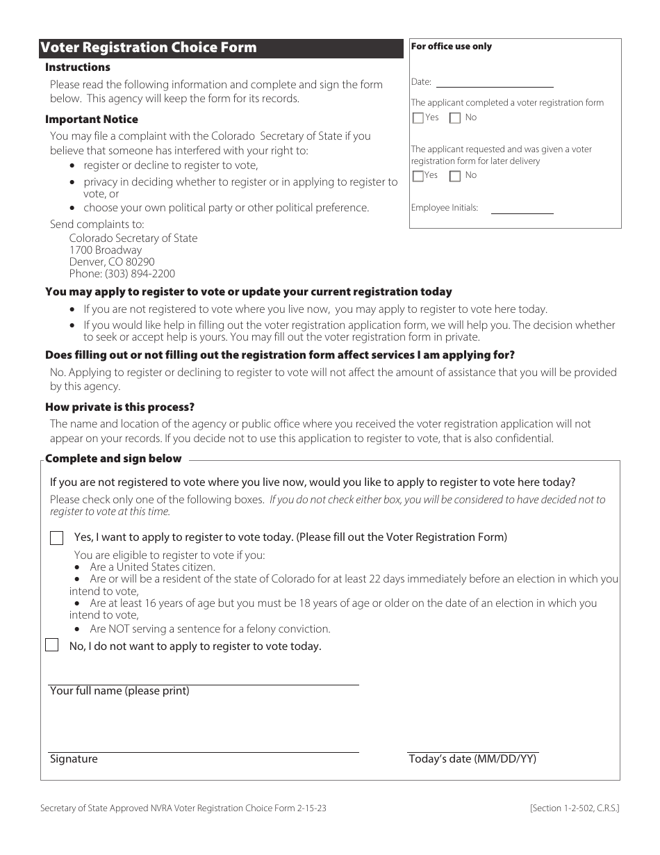 Voter Registration Choice Form - Colorado (English / Spanish), Page 1