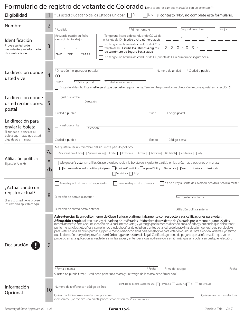 Formulario 115-S Formulario De Registro De Votante De Colorado - Colorado (Spanish), Page 1