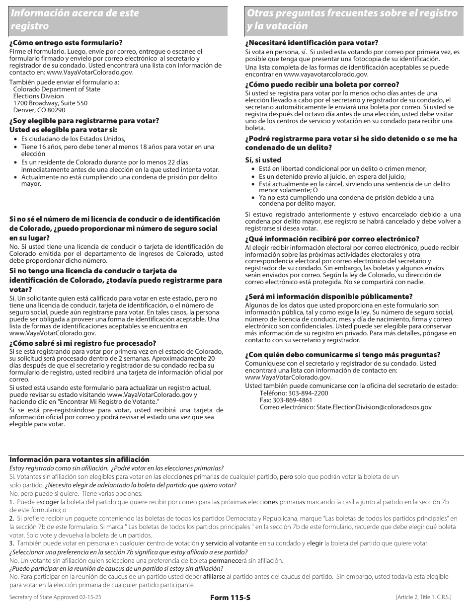 Formulario 115-S Formulario De Registro De Votante De Colorado - Colorado (Spanish), Page 2