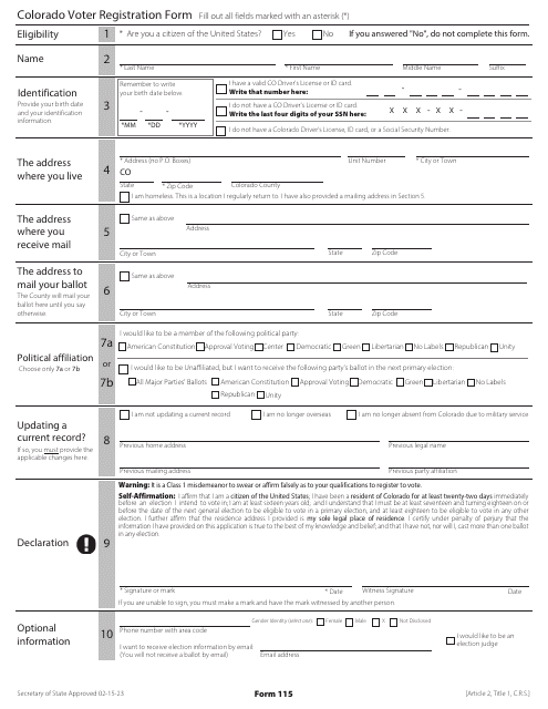 Form 115 Colorado Voter Registration Form - Colorado