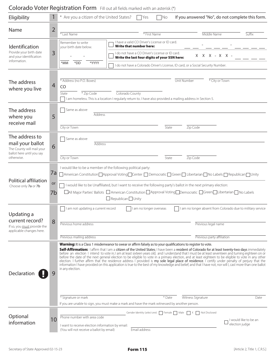Form 115 Colorado Voter Registration Form - Colorado, Page 1