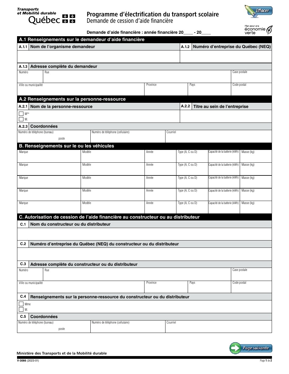 Forme V-3066 Demande De Cession Daide Financiere - Programme Delectrification Du Transport Scolaire - Quebec, Canada (French), Page 1