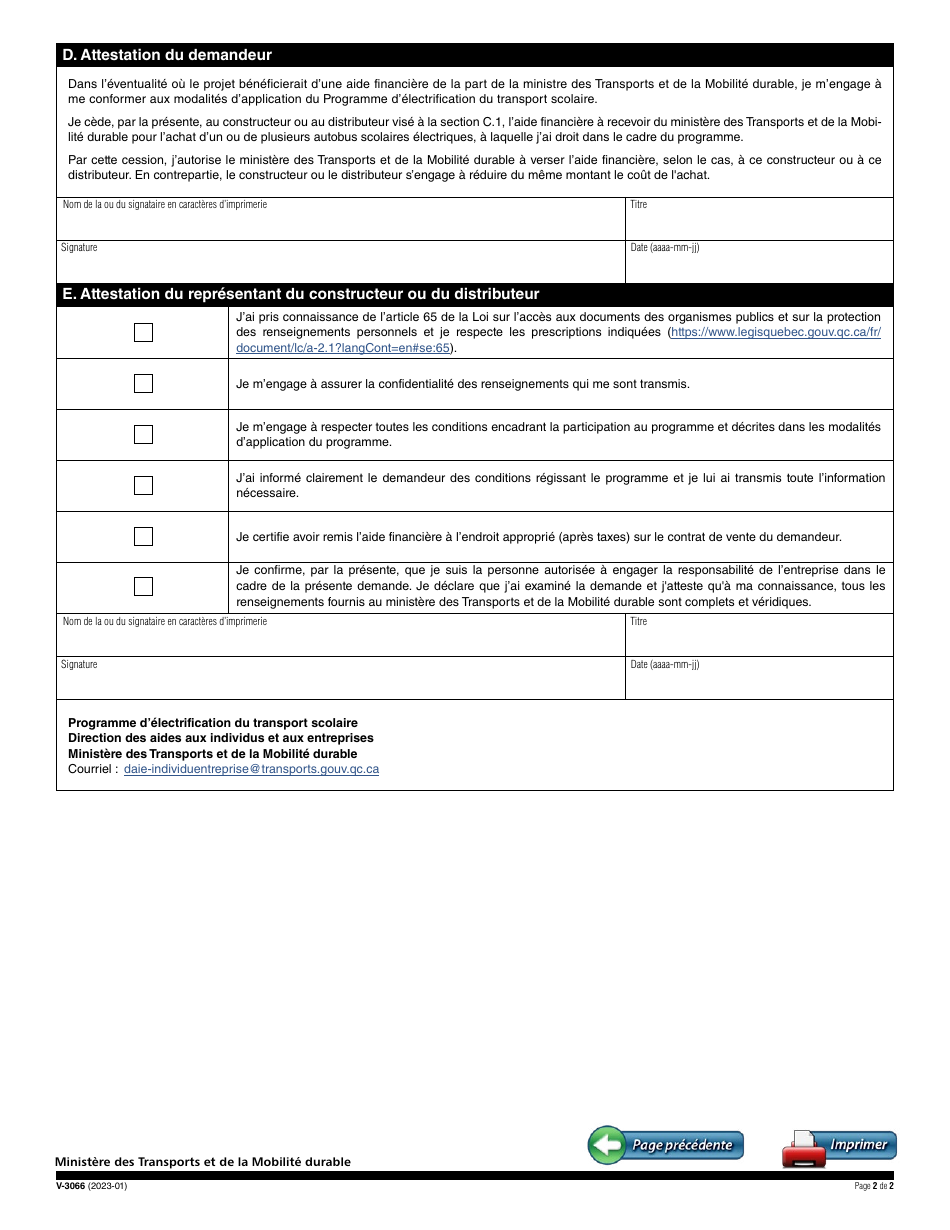 Forme V-3066 Demande De Cession Daide Financiere - Programme Delectrification Du Transport Scolaire - Quebec, Canada (French), Page 2