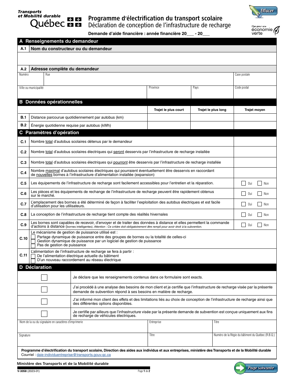 Forme V-3058 Declaration De Conception De Linfrastructure De Recharge - Programme Delectrification Du Transport Scolaire - Quebec, Canada (French), Page 1