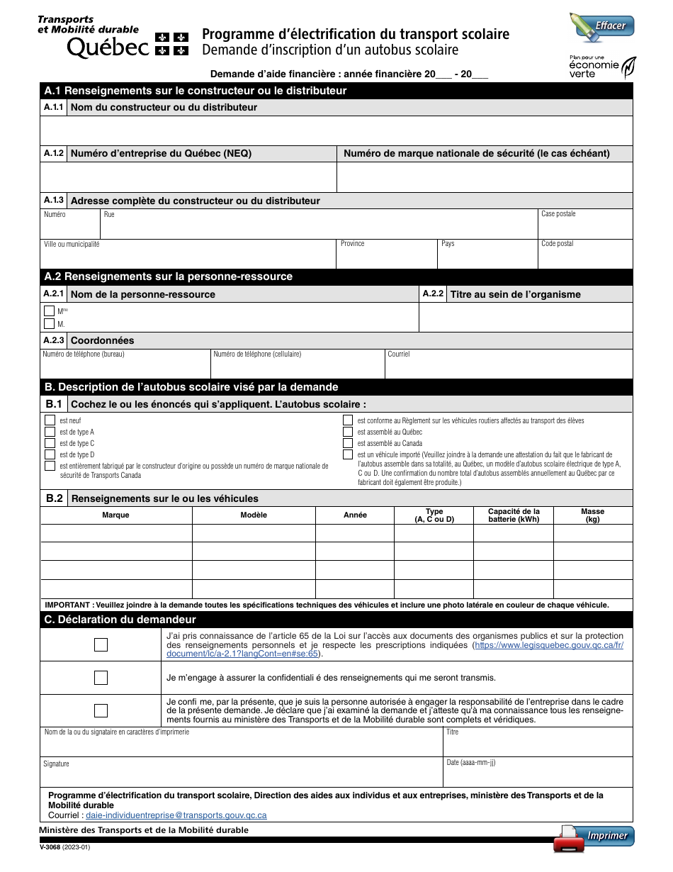 Forme V-3068 Demande Dinscription Dun Autobus Scolaire - Programme Delectrification Du Transport Scolaire - Quebec, Canada (French), Page 1