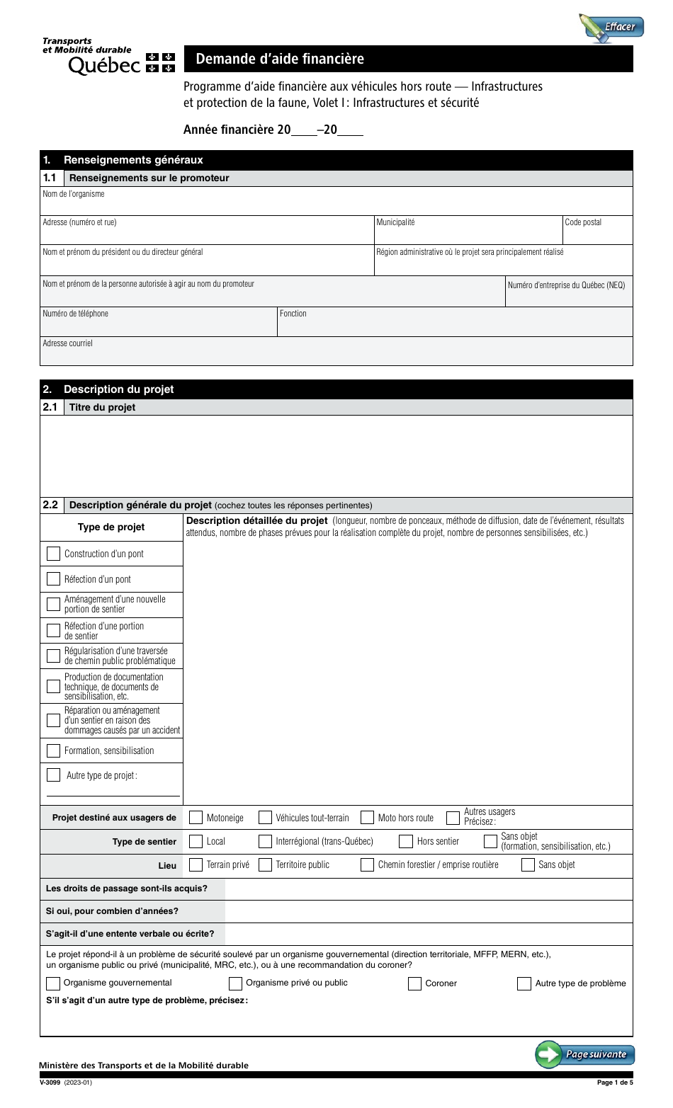 Forme V-3099 Demande Daide Financiere - Quebec, Canada (French), Page 1