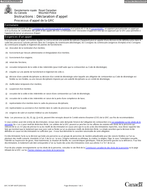 Forme GRC RCMP6437 Declaration D'appel - Processus D'appel De La Grc - Canada (French)