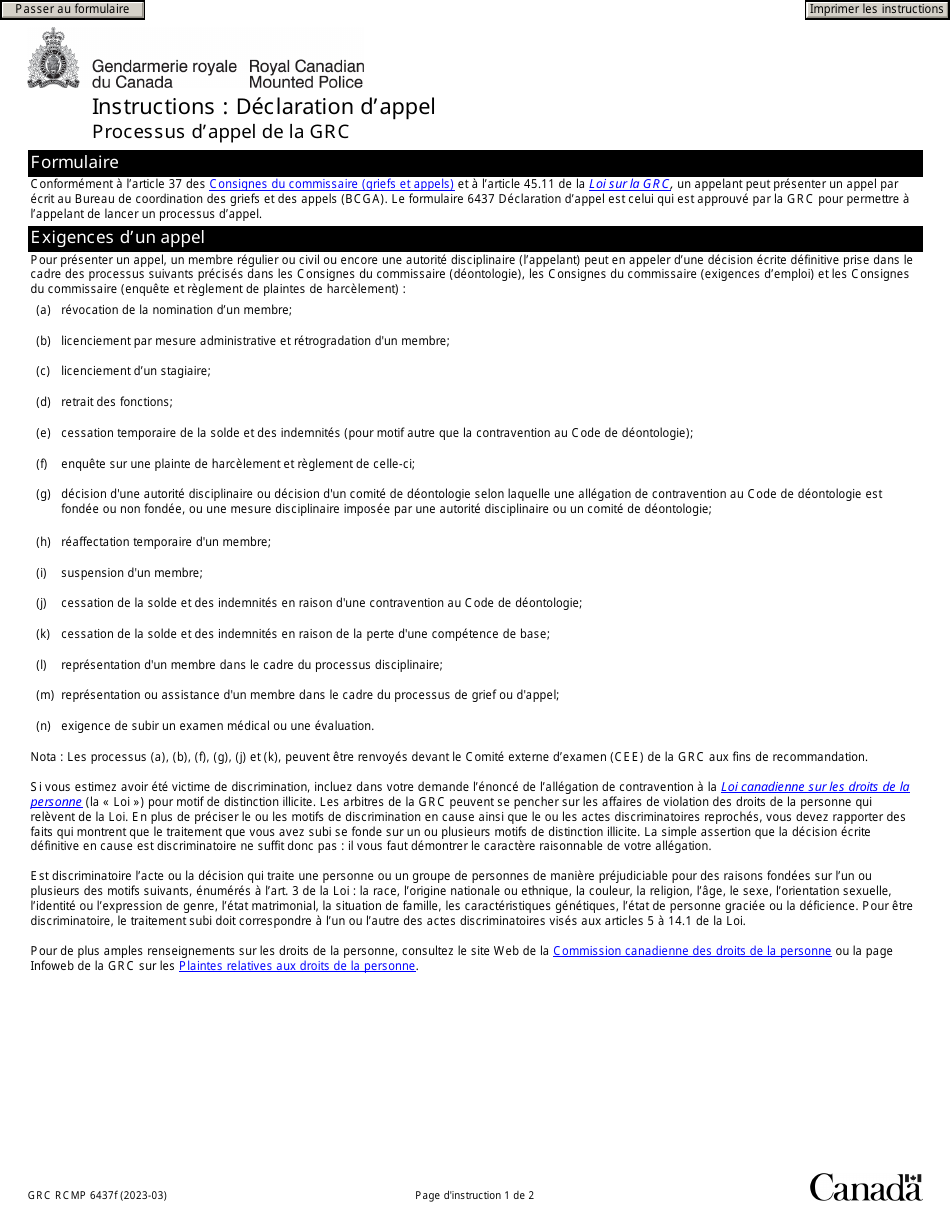 Forme GRC RCMP6437 Declaration Dappel - Processus Dappel De La Grc - Canada (French), Page 1
