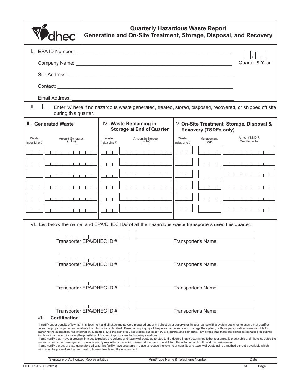 DHEC Form 1962 - Fill Out, Sign Online And Download Fillable PDF, South ...