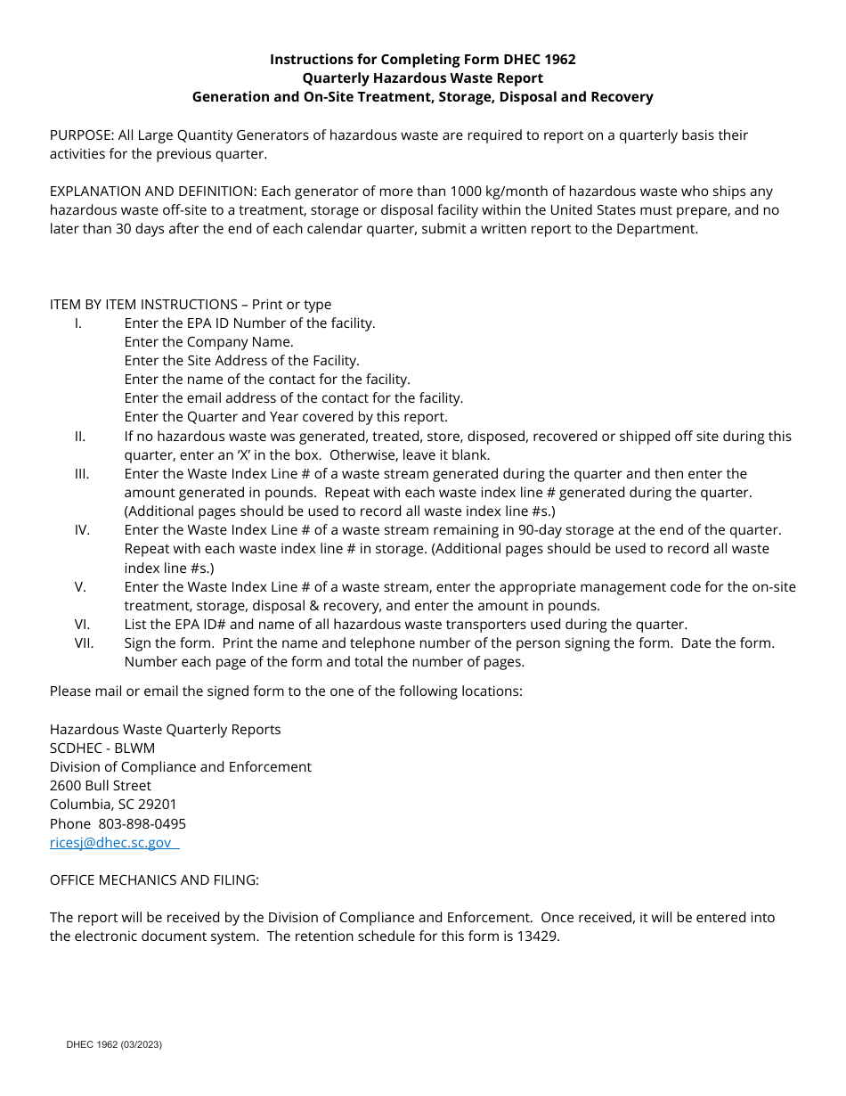 DHEC Form 1962 Quarterly Hazardous Waste Report Generation and on-Site Treatment, Storage, Disposal, and Recovery - South Carolina, Page 2