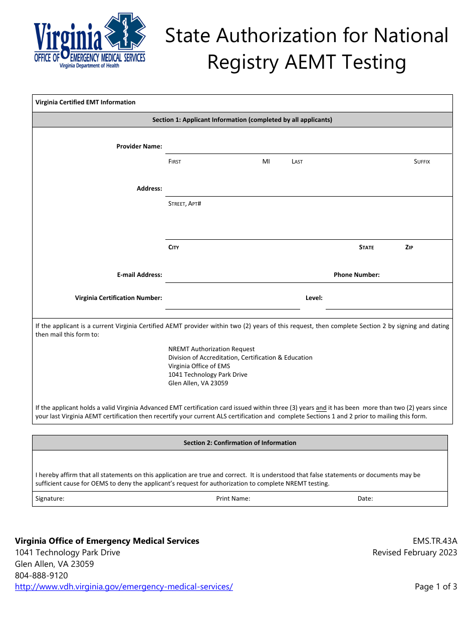 Form EMS.TR.43A State Authorization for National Registry Aemt Testing - Virginia, Page 1