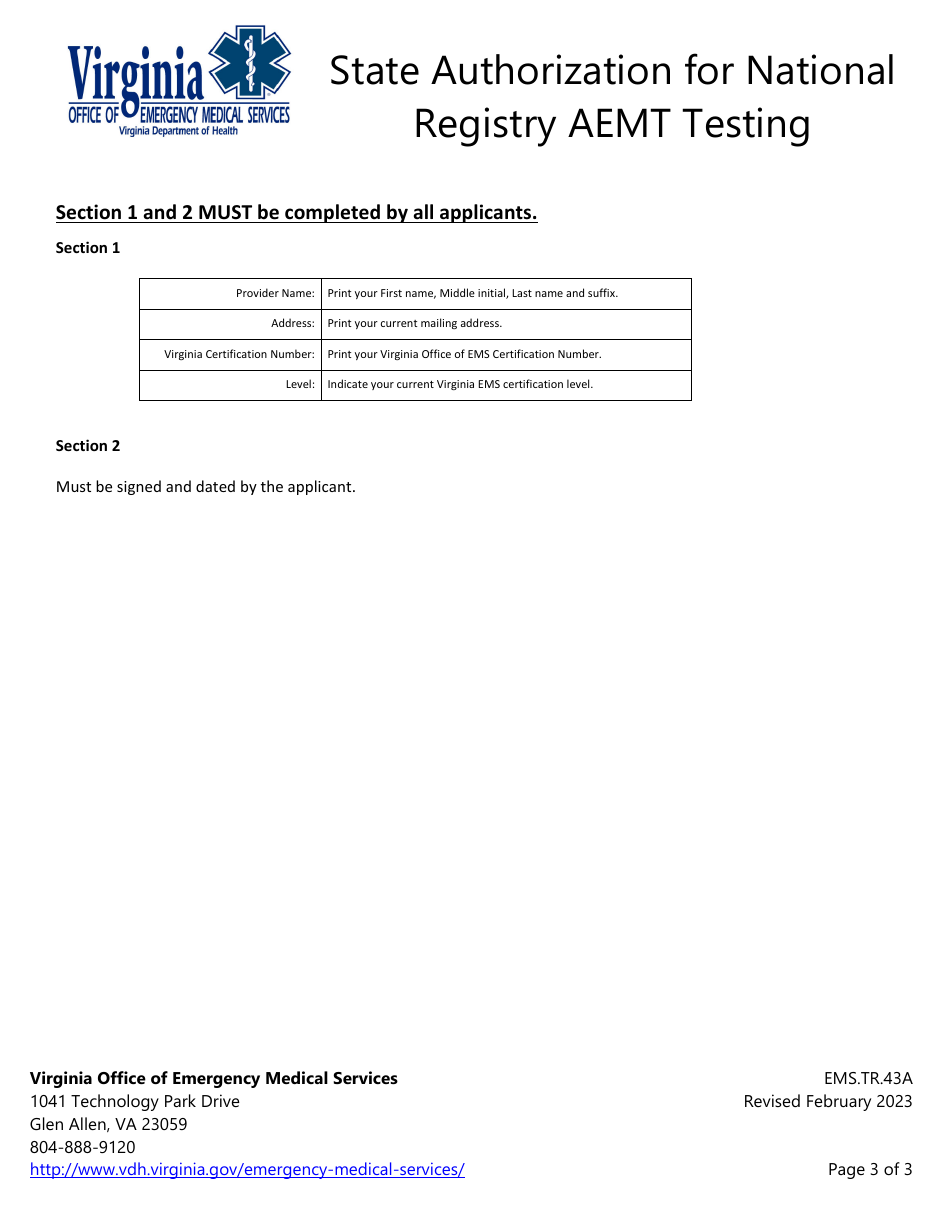 Form EMS.TR.43A State Authorization for National Registry Aemt Testing - Virginia, Page 3