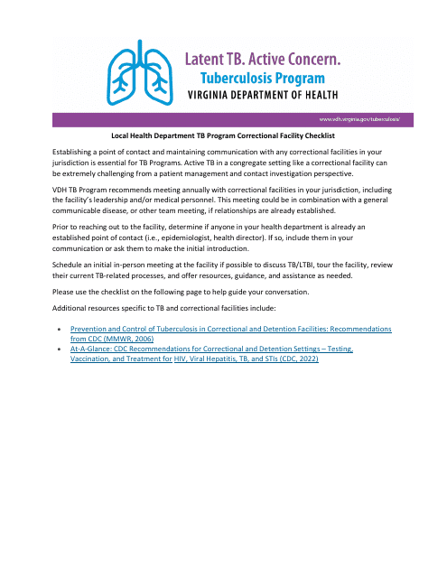 Local Health Department Tb Program Correctional Facility Checklist - Tuberculosis Program - Virginia Download Pdf