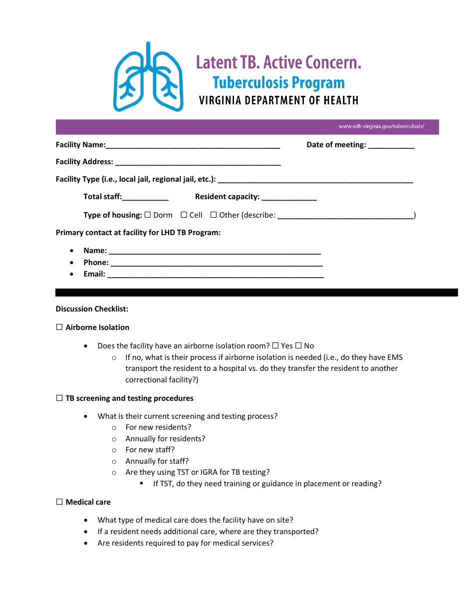 Local Health Department Tb Program Correctional Facility Checklist - Tuberculosis Program - Virginia, Page 2