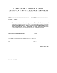 Document preview: Form CRE-1 Certificate of Religious Exemption - Virginia
