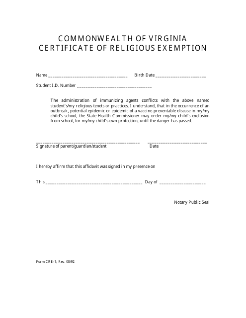 Form CRE-1 Certificate of Religious Exemption - Virginia